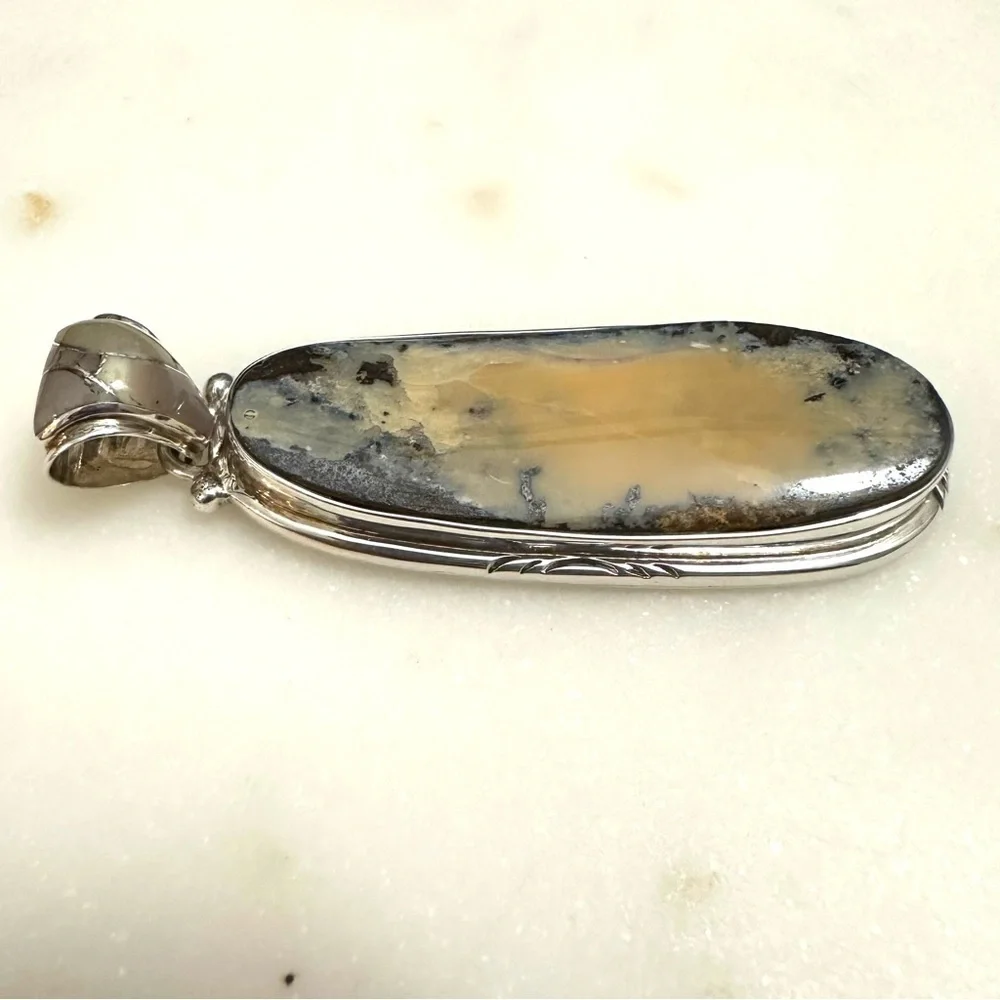 Samson Sam Kee Native American Navajo Honey Moss Agate Sterling Silver Pendant